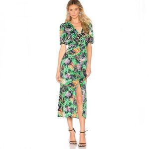 Saloni Eden Silk Midi Dress Emerald Kingcup Floral V Neck Size 2